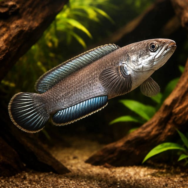 Assam Dwarf Snakehead (Channa gachua) in covered planted aquarium — representative image
