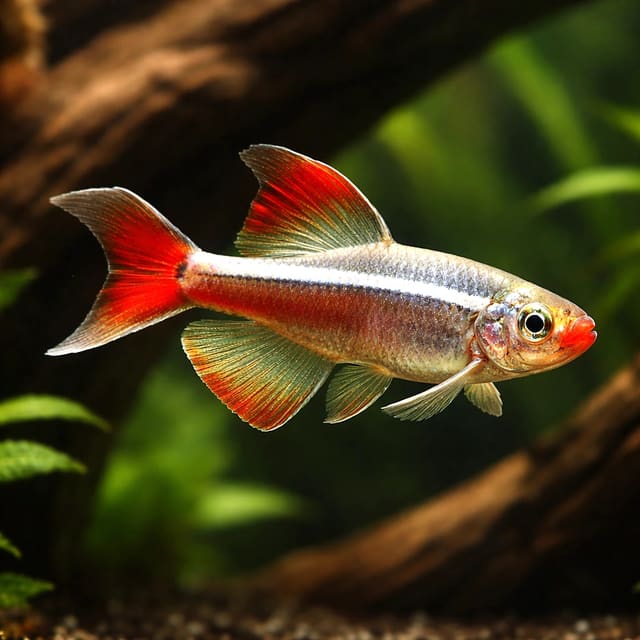 Longfin White Cloud Mountain Minnow by driftwood; actual fish and fin length vary