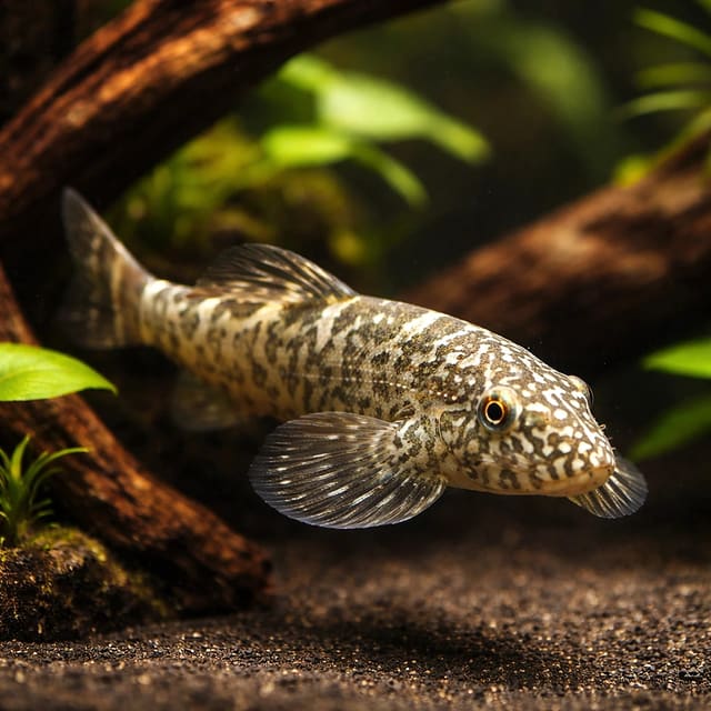 Hillstream Loach – flat-bodied Beaufortia kweichowensis clinging to rock