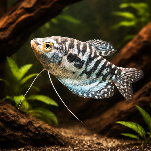 Representative AI-enhanced Cosby Gourami with marbled blue-black pattern in a planted aquarium