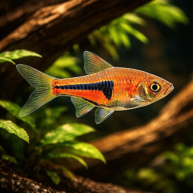 representative Lambchop Rasbora (Trigonostigma espei) beside driftwood