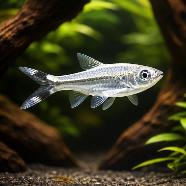 Scissortailed Rasbora, Thre (Rasbora trilineata) in a planted aquarium