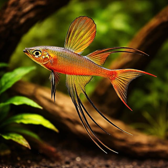 Threadfin Rainbowfish with long fin filaments in planted cover (Iriatherina werneri) — representative image