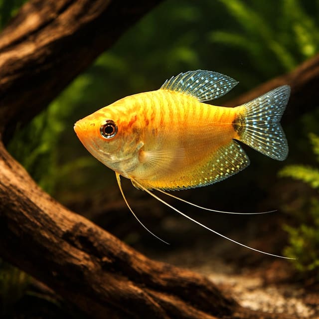Representative gold-form Three-Spot Gourami (Trichopodus trichopterus); mix colour may vary