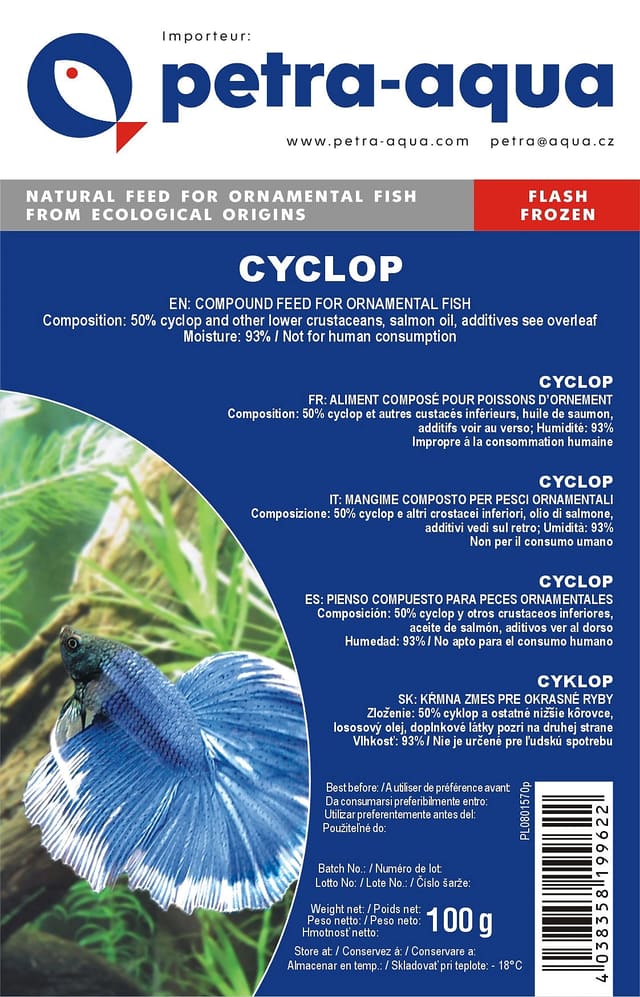 Petra-Aqua Cyclop frozen ornamental fish food 100g front label