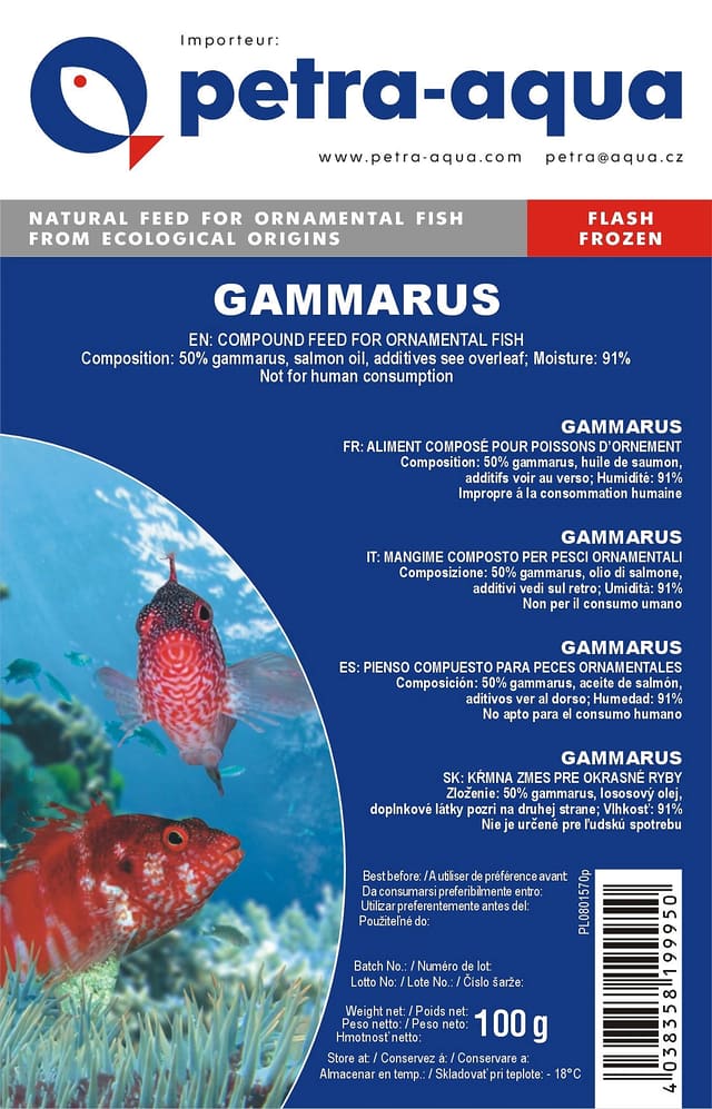 Frozen Gammarus ornamental fish food label showing 50% gammarus and 100g net weight