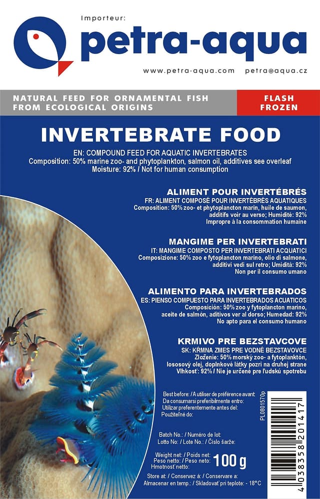 Front of a 100g Petra Aqua Invertebrate Food frozen blister showing marine invertebrates