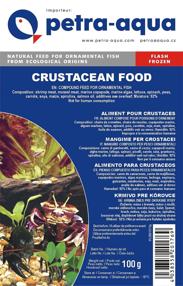 Crustacean Food label for 100g flash-frozen ornamental fish feed blister