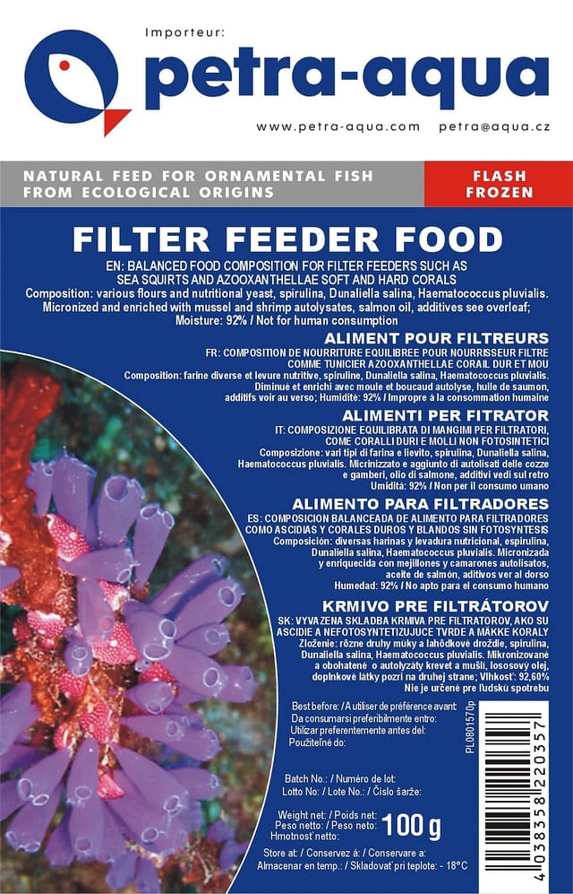 Petra-Aqua Filter Feeder Food 100g front label; retail unit contains six packs