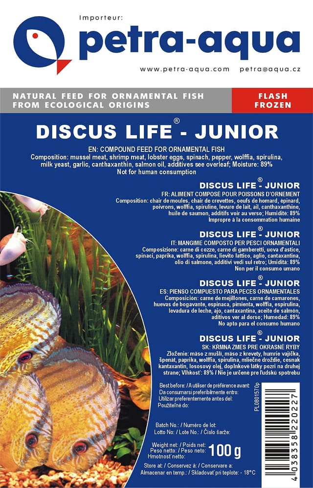 Discus Life Junior frozen fish food label showing one 100g pack; listing supplies 6 x 100g