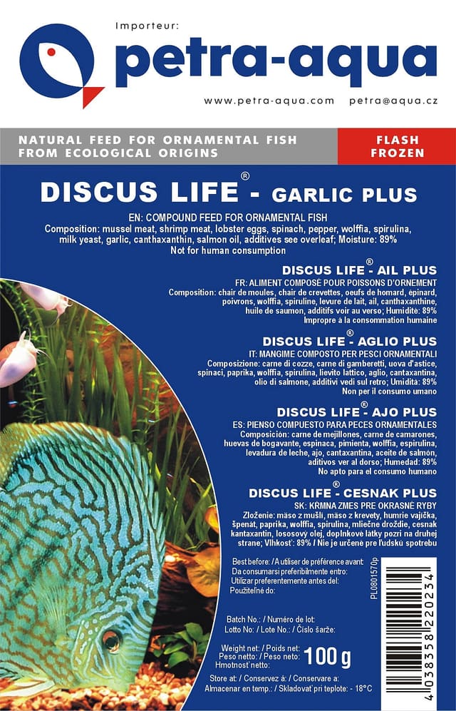 Petra-Aqua Discus Life Garlic Plus label - one 100g blister from the 6-pack