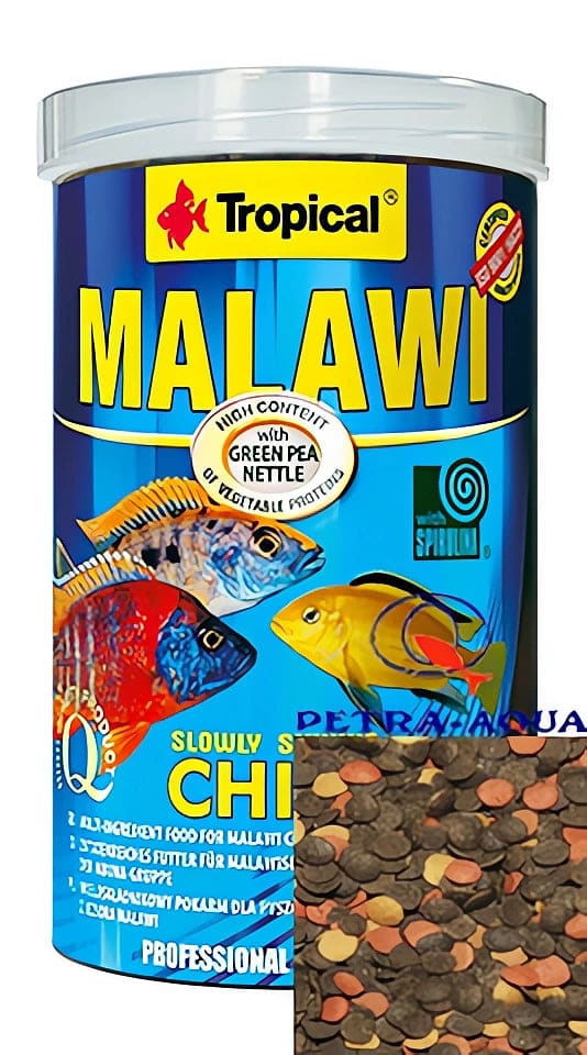 Tropical Malawi Chips tub with small red and green cichlid food chips