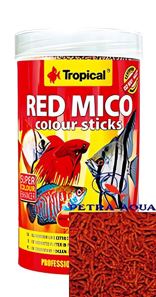 Tropical Red Mico Colour Sticks fish food container with a close view of the floating red sticks