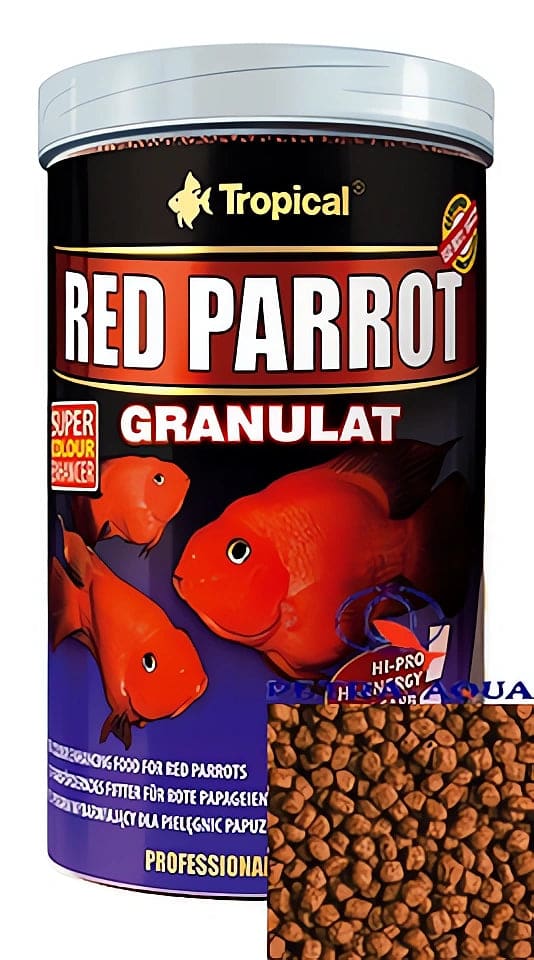 Tropical Red Parrot Granulat tub with floating cichlid granules; packaging may vary between the selected 100g and 400g size