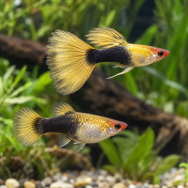 Tuxedo Gold Red Nose Guppy Pair (Poecilia reticulata)