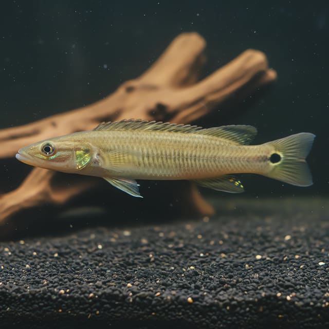 Two-Spotted Dwarf Pike Cichlid Wallaciia notophthalmus in a blackwater-style aquarium