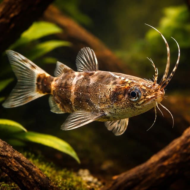 Black Upside-Down Catfish (Synodontis nigriventris) resting inverted among aquarium plants