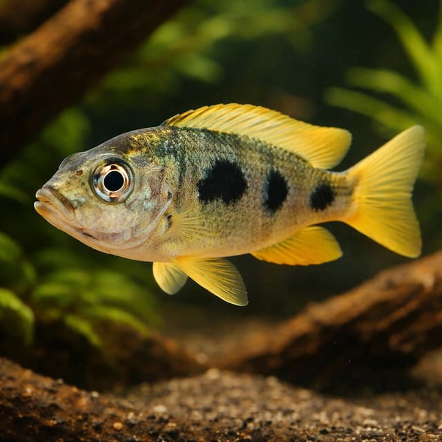 Verduya's Hap Copadichromis trimaculatus in open-water Malawi aquarium