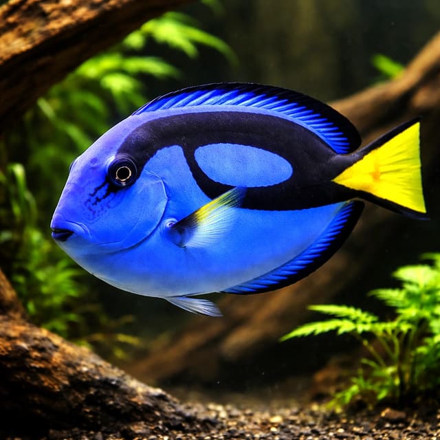 Juvenile Palette Surgeonfish Paracanthurus hepatus 4-5.9 cm with bright blue body and yellow tail