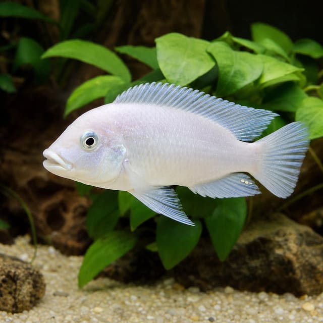 White Dolphin Cichlid (Cyrtocara moorii) in a Malawi aquarium display