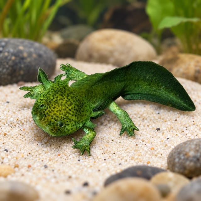 Wild type green axolotl with black speckles and feathery gills resting on fine pale sand between smooth stones