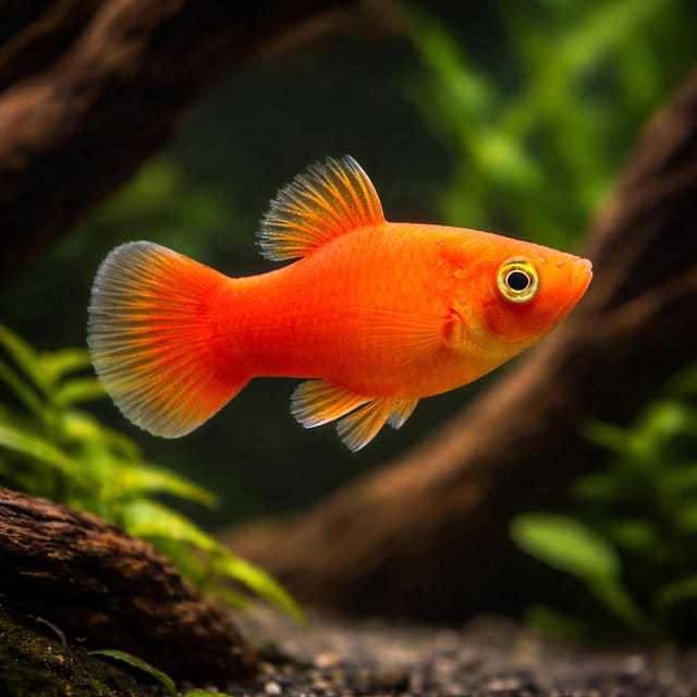 Illustrative orange Assorted Platy swimming beside driftwood in a planted aquarium — representative image