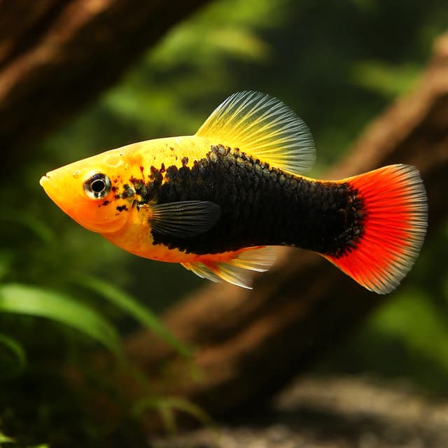 Hawaii Variatus Platy (Xiphophorus variatus) with a gold head, black flank and red tail among plants