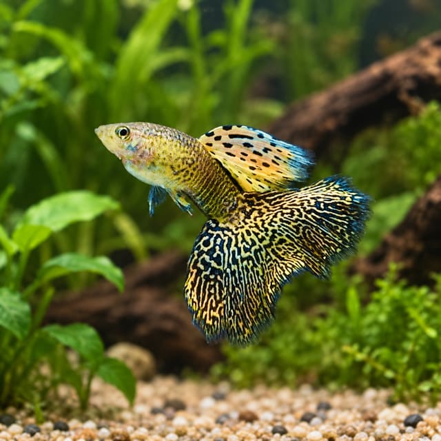 Yellow Cobra male guppy with a yellow-olive snakeskin body and a yellow and black lace-patterned tail, in a planted aquarium