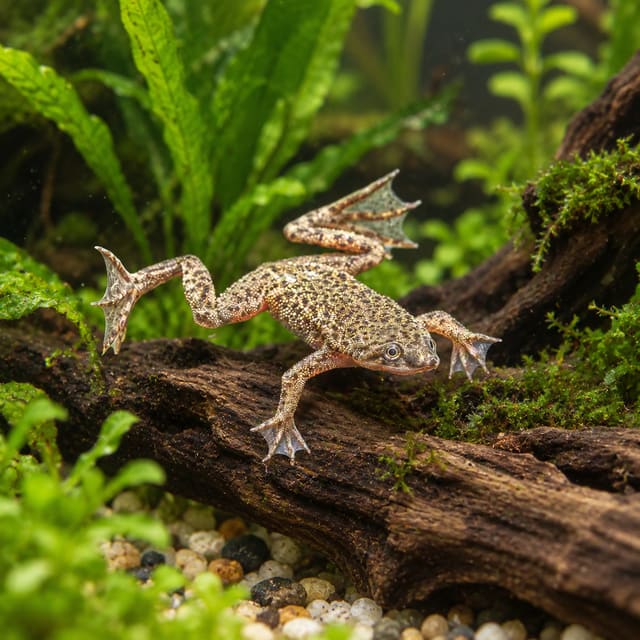 Zaire dwarf clawed frog (Hymenochirus boettgeri), olive-tan with dark spots and webbed feet, on driftwood in a planted