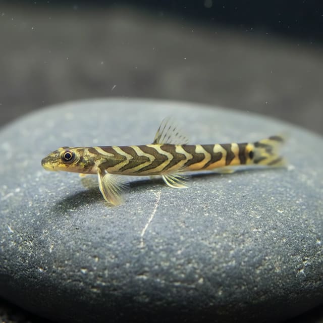 Zebra Loach (Nemacheilus triangularis) over driftwood and rounded stones