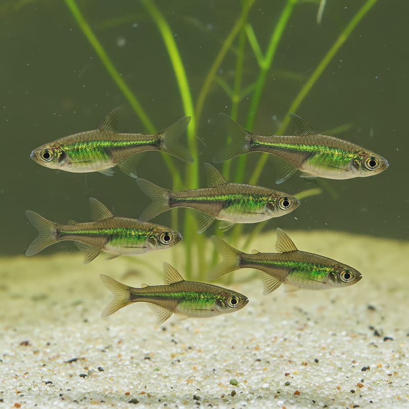 Six neon green rasboras swimming above pale gravel and tall green plant stems