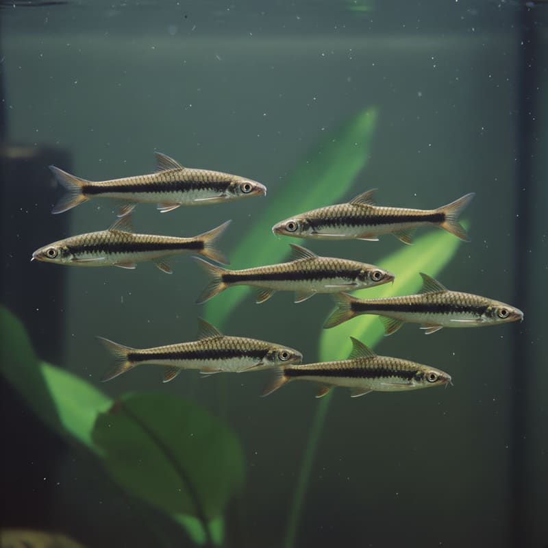 Siamese algae eaters (Crossocheilus cf. langei) with a dark side stripe and netted scales, swimming by green leaves