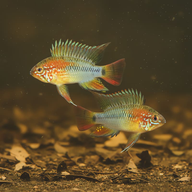 Viejita dwarf cichlids with turquoise facial markings and orange-red fins above leaf litter