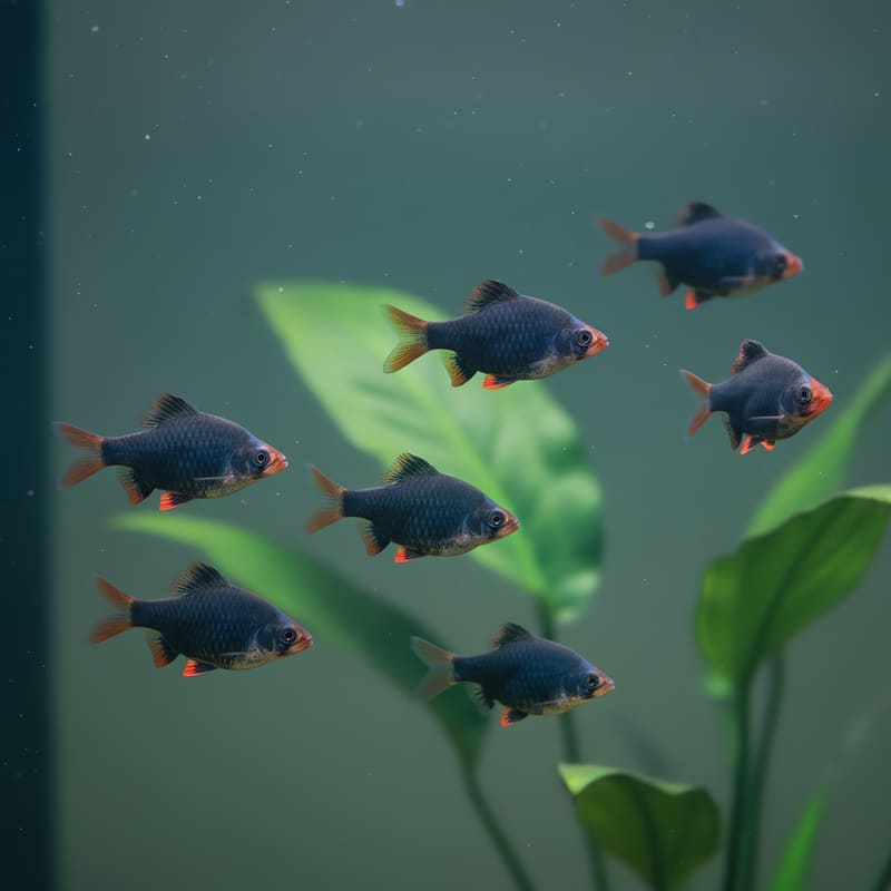 Green tiger barbs (Puntigrus tetrazona) with dark moss-green bodies and red-edged fins swimming past broad green leaves
