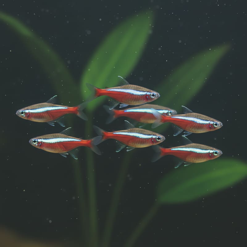Cardinal tetras with vivid blue stripes and red lower bodies swimming against blurred green plants in a dark aquarium.