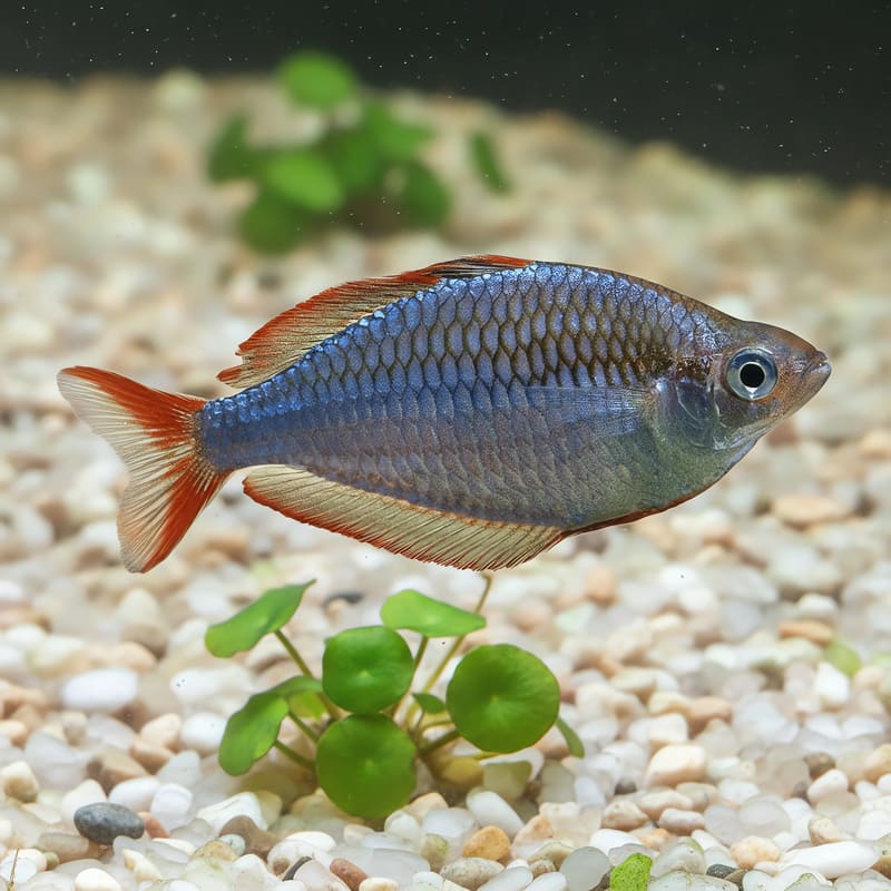 Neon Dwarf Rainbowfish with iridescent blue scales and red fins above pale gravel among green plants