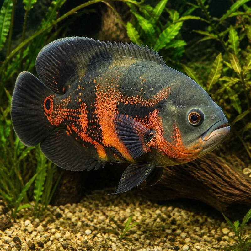 Astronotus ocellatus mix with orange mottling swimming among plants and wood over mixed gravel.