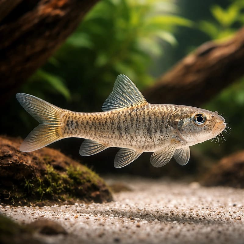 Illustrative Garra rufa (Doctor Fish) over smooth aquarium substrate