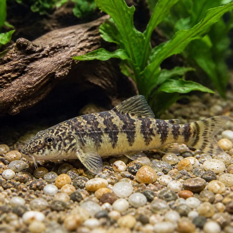 Spotted Garra with dark mottling resting on gravel beside driftwood and green plants