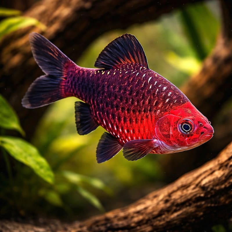 Black Ruby Barb showing dark ruby colour in a planted aquarium
