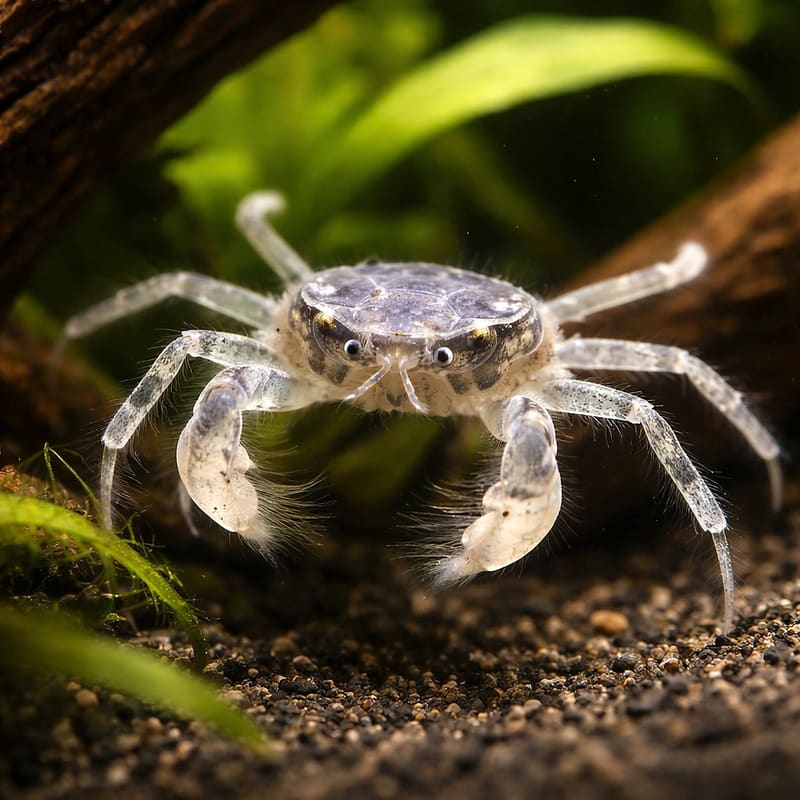 Single translucent Thai Micro Spider Crab facing forward between plants and dark driftwood
