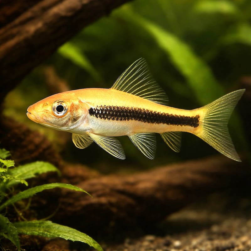 Chinese algae eater black with a golden body and bold side stripe among plants and wood